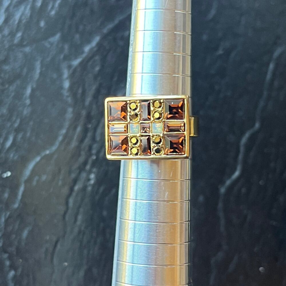 Vintage GIVENCHY Gold Tone Rectangular Ring with White and Amber Rhinestones - Picture 2 of 8